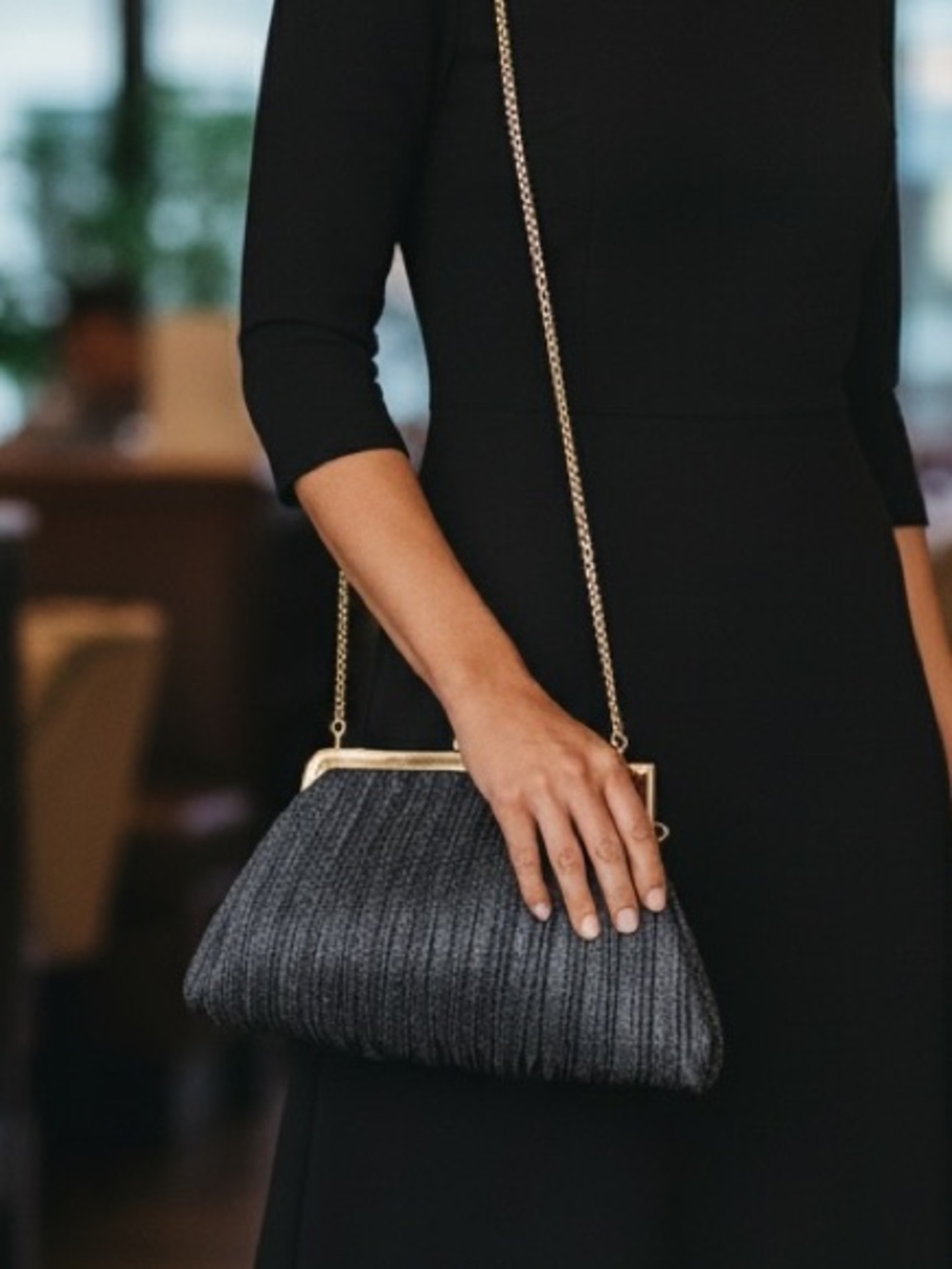 Alessia Navy Pleated Evening Clutch with Gold Frame